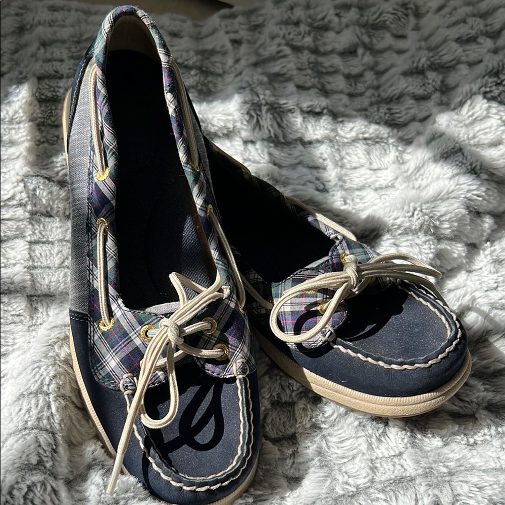 Sperry Plaid Boat Shoes in Navy and Beige